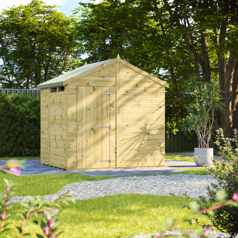 Oren 6' x 8' Premium Shiplap Modular Custom Apex Security Shed standing confidently in a garden.