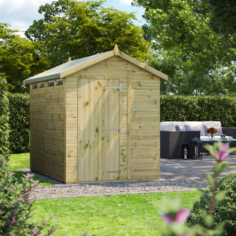 Oren 8' x 6' Premium Shiplap Modular Apex Security Shed featuring toughened glass windows and a sturdy design.