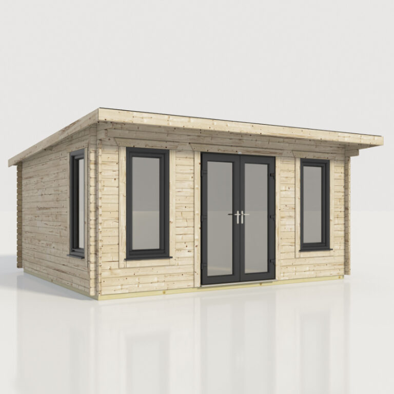 Stylish Oren Countess Log Cabin with modern double doors and tilt windows.