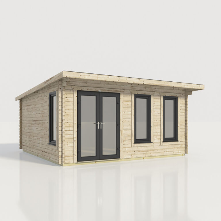 Oren Countess Log Cabin with contemporary double doors and tilt windows.