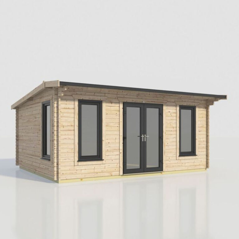 Oren 18' x 16' Duchess Log Cabin 44mm with modern aesthetics and toughened glass windows.