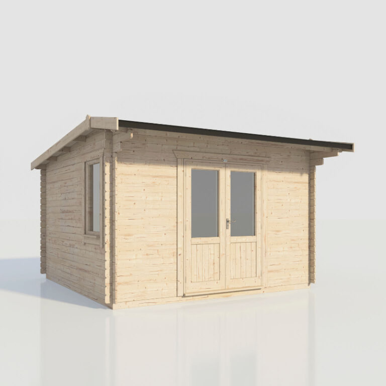 Contemporary Oren 14' x 14' Duke Log Cabin with double doors and toughened glass windows.