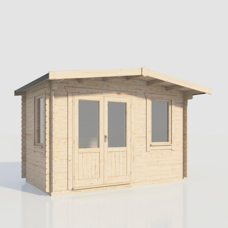 Oren 14' x 8' Viscount Log Cabin showcasing durable construction and security features.