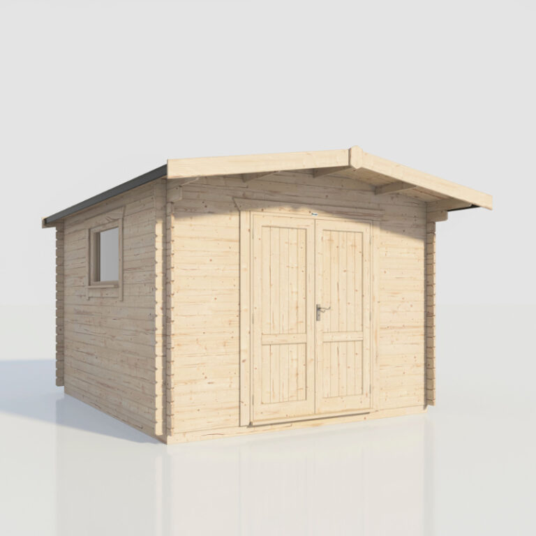 Oren 12' x 14' Viscount Workshop Log Cabin featuring double doors and elegant design.