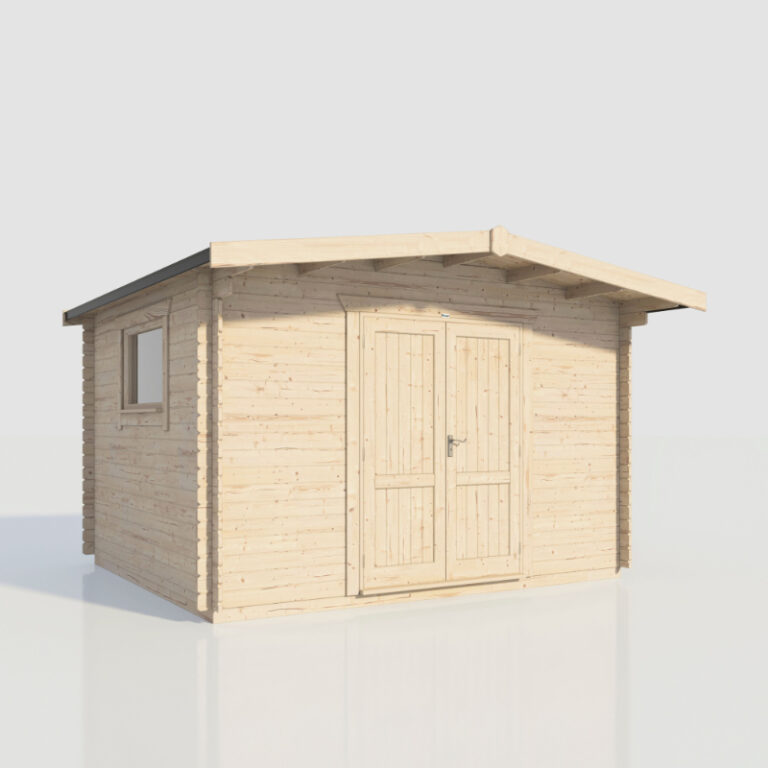 Oren 14' x 12' Viscount Workshop Log Cabin - modern design with double doors and windows.