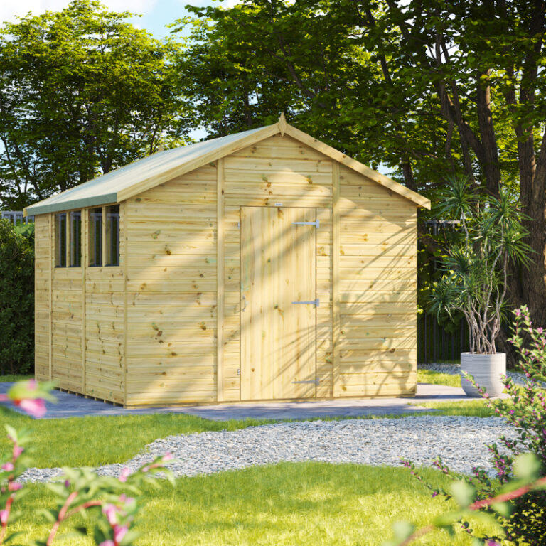 Oren 10' x 10' Premium Shiplap Modular Custom Apex Shed external view with toughened glass.