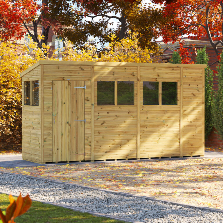 Oren 14' x 4' Premium Shiplap Modular Custom Pent Shed in a garden setting.
