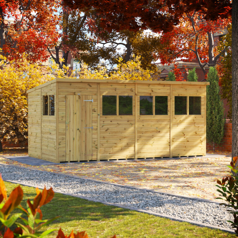 Oren 16' x 8' Premium Shiplap Modular Custom Pent Shed with toughened safety glass windows