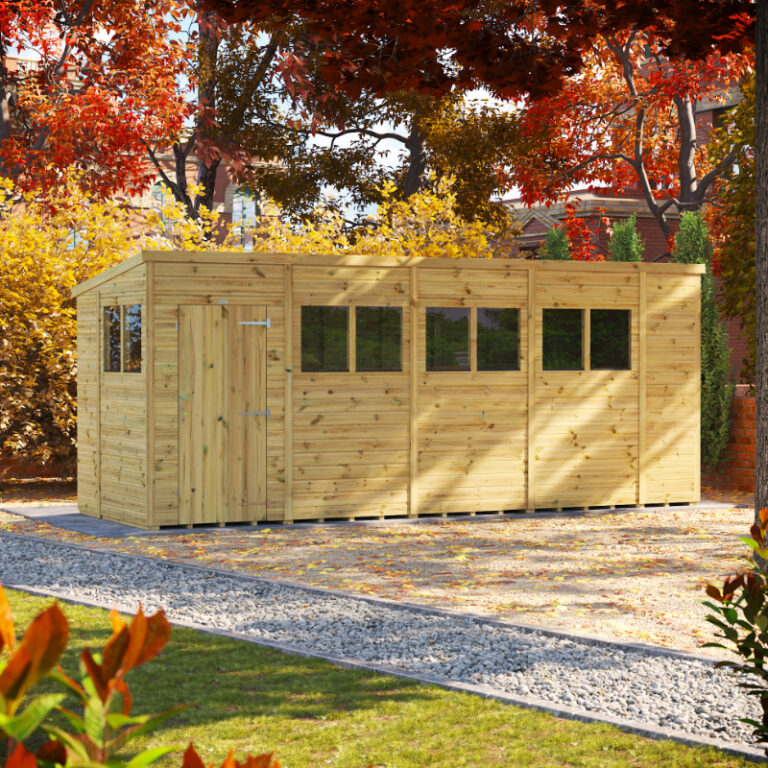 Oren 18' x 6' Premium Shiplap Modular Custom Pent Shed with toughened glass windows.