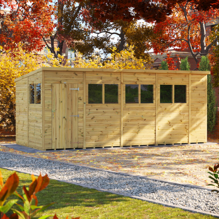 Oren 18' x 8' Premium Shiplap Modular Custom Pent Shed showcasing toughened safety glass and robust frame.