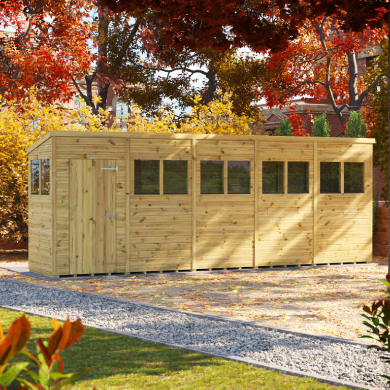 Oren Buildings 19' x 3' Wooden Shed with toughened glass windows and a shiplap tongue and groove design.