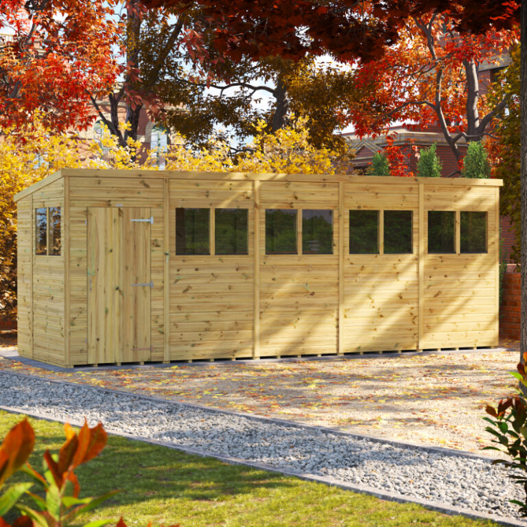 Oren 20' x 6' Premium Shiplap Modular Custom Pent Shed view from the side