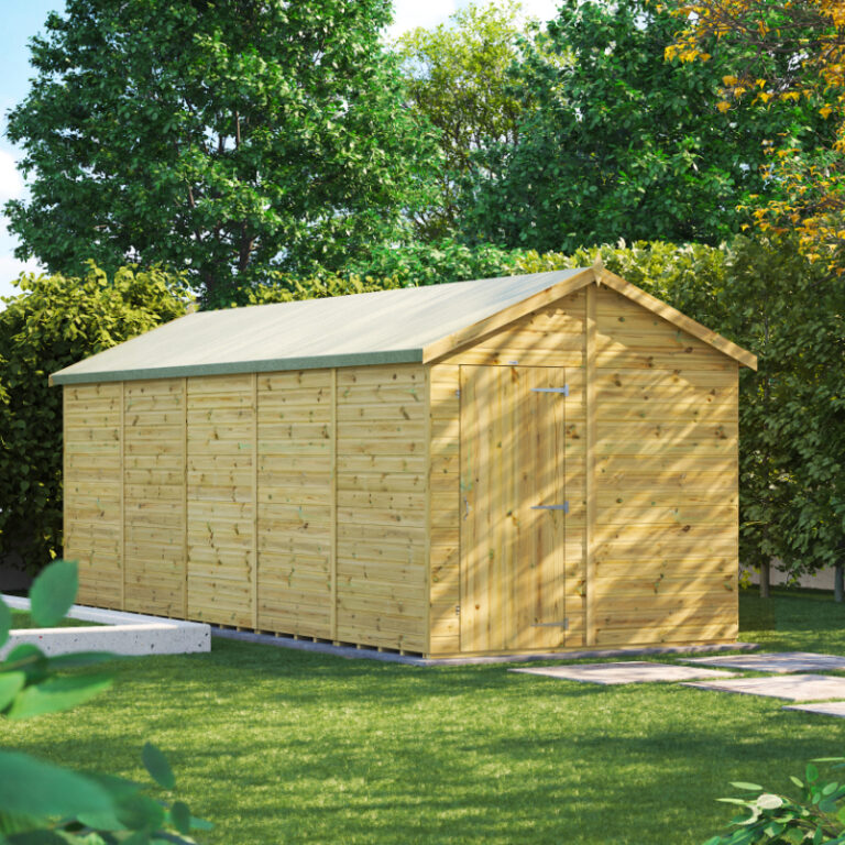 Oren 20' x 8' Premium Shiplap Modular Custom Apex Shed with apex roof and toughened glass windows.