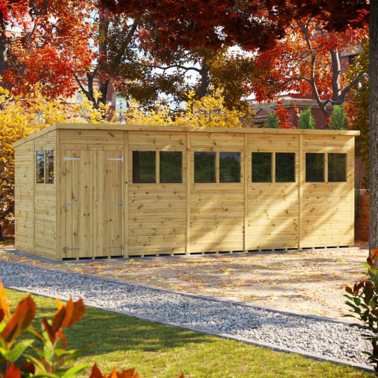 Oren Buildings 19' x 7' Wooden Shed with toughened safety glass and apex roof design.