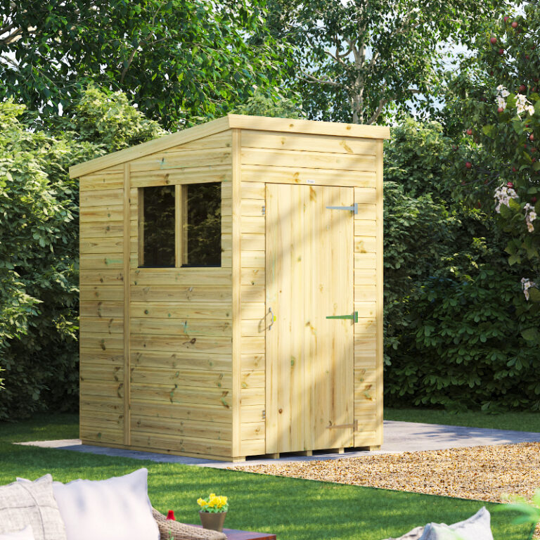 Oren 4' x 6' Premium Shiplap Modular Custom Pent Shed with customisable options and toughened safety glass.