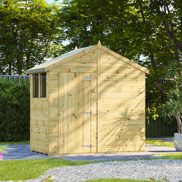 Apex shed featuring Oren's premium shiplap design with safety glass windows.