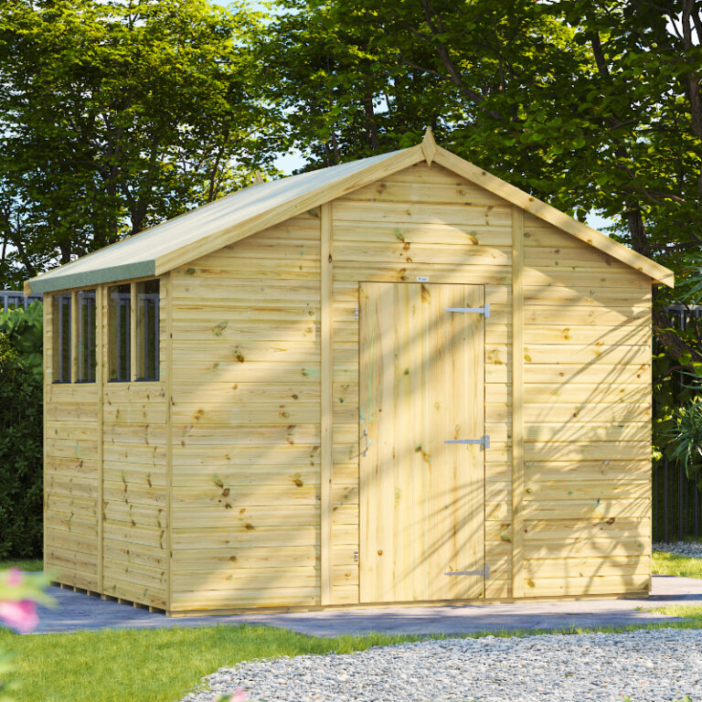 Oren Buildings 9' x 8' Wooden Shed showcasing its apex roof and sturdy construction.