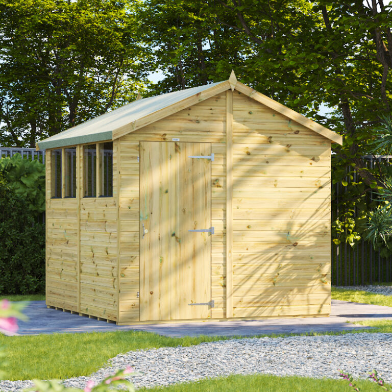 Oren 8' x 8' Premium Shiplap Modular Custom Apex Shed with toughened safety glass windows and a durable apex roof design