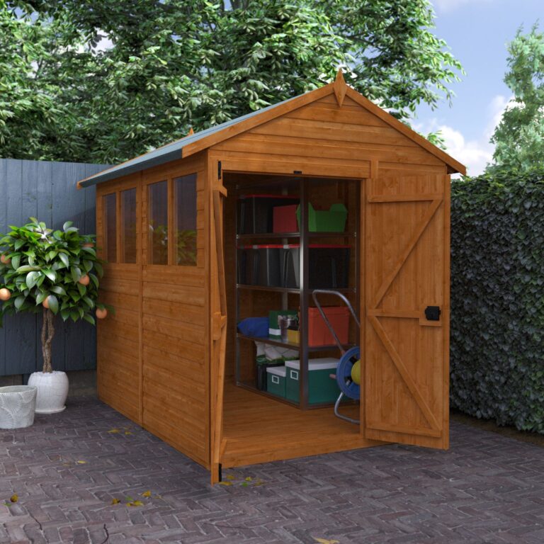 Redlands 6' x 8' Double Door Shiplap Modular Apex Shed in garden environment