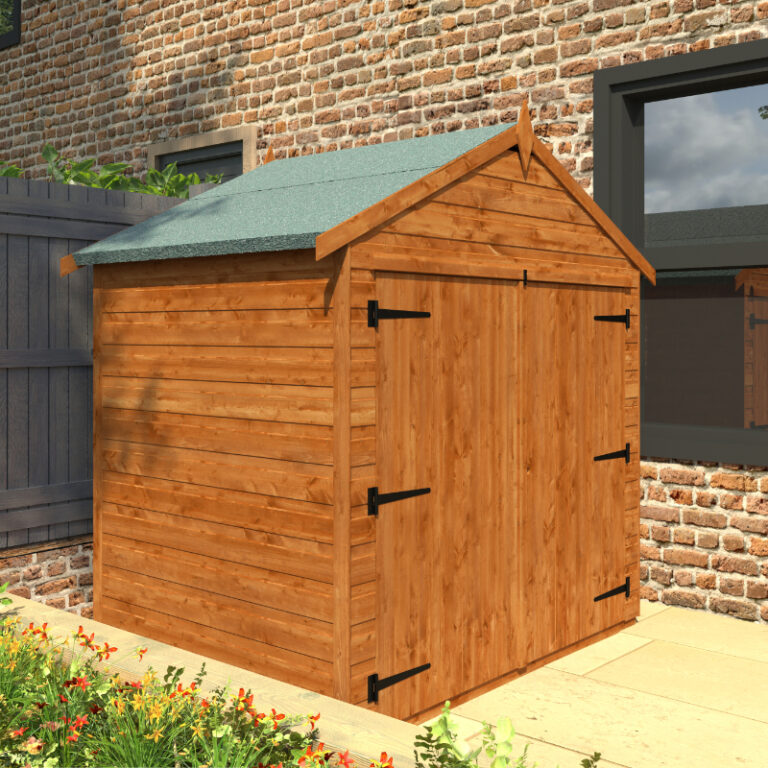 Redlands 4' x 6' Shiplap Modular Apex Bike Shed with double doors and apex roof.