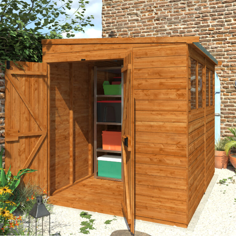 Redlands 6' x 8' Double Door Shiplap Modular Pent Shed with toughened glass windows.