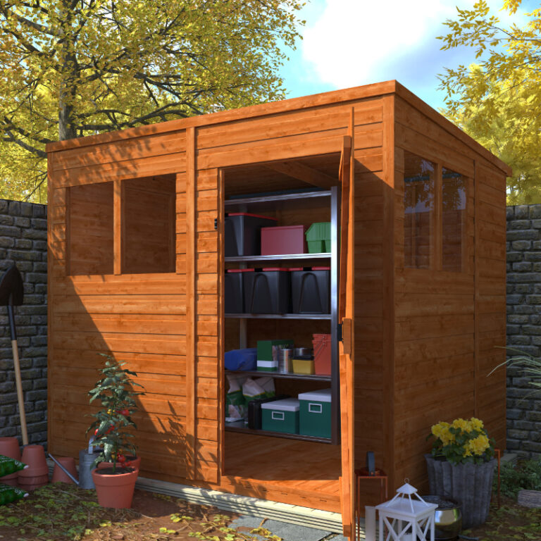 Modern Redlands 6' x 8' Shiplap Modular Pent Shed with toughened glass windows.