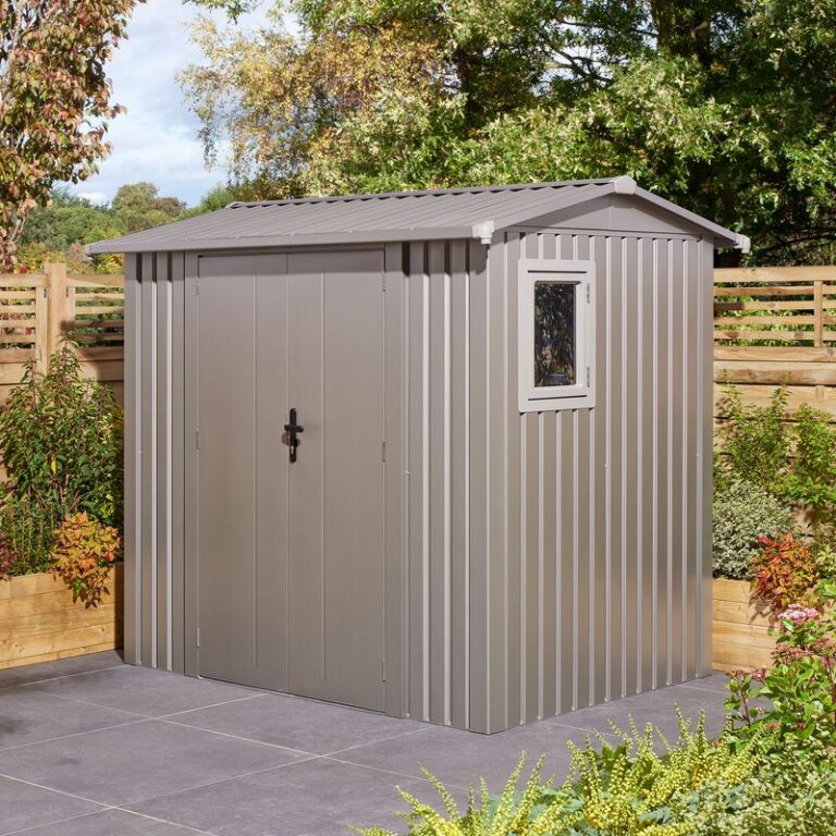 A sturdy Rowlinson Brentvale 8' x 6' Premium Metal Reverse Apex Shed in a picturesque garden setting