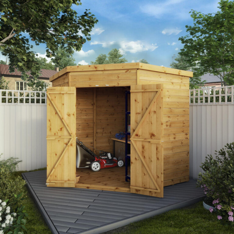 Adley 7' x 7' Premium Double Door Shiplap Corner Shed with double doors.