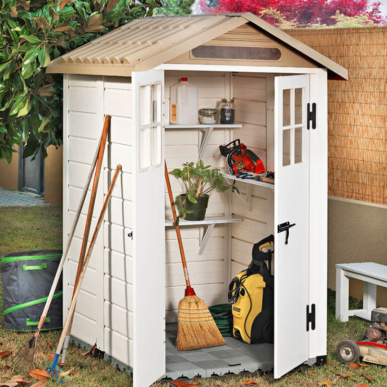 4' x 4' Shire Tuscany Evo 120 Plastic Garden Storage Shed with apex roof and double doors.