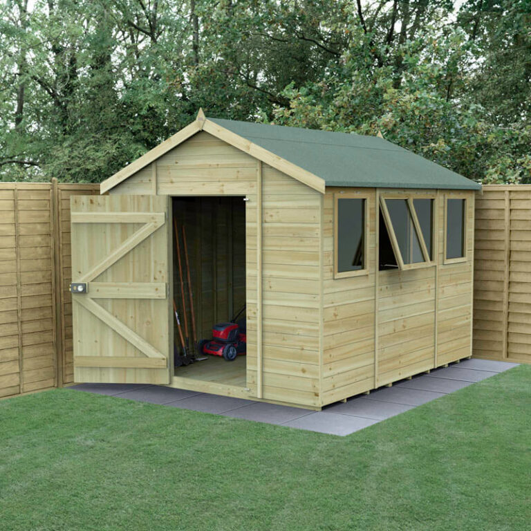 Apex style wooden shed featuring toughened glass windows and modular design.