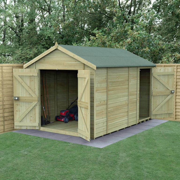 A well-constructed Forest Timberdale 12' x 8' shed with tongue & groove cladding and a double door entrance