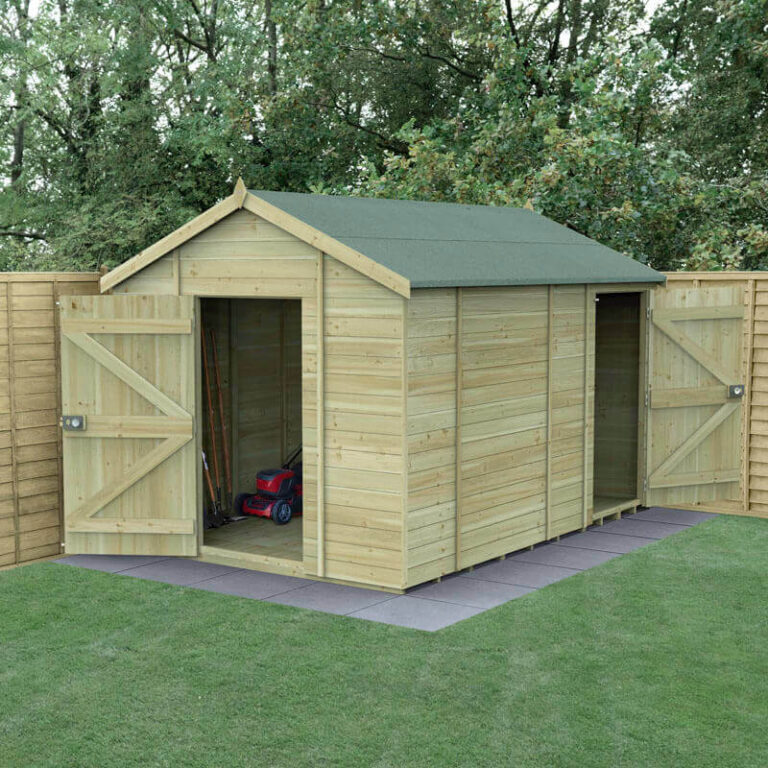 A robust and stylish 12' x 8' shed with an apex roof and pressure-treated wood.