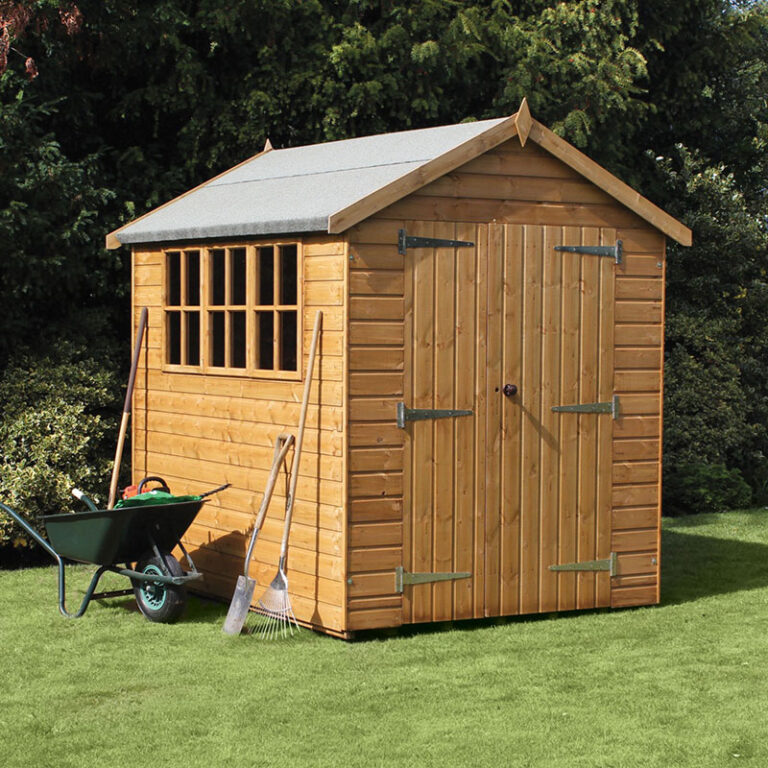 A traditional wooden garden shed with robust shiplap cladding and toughened glass windows