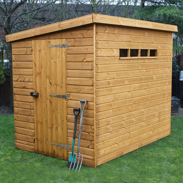 Wooden security shed with pent-style roof and high windows.