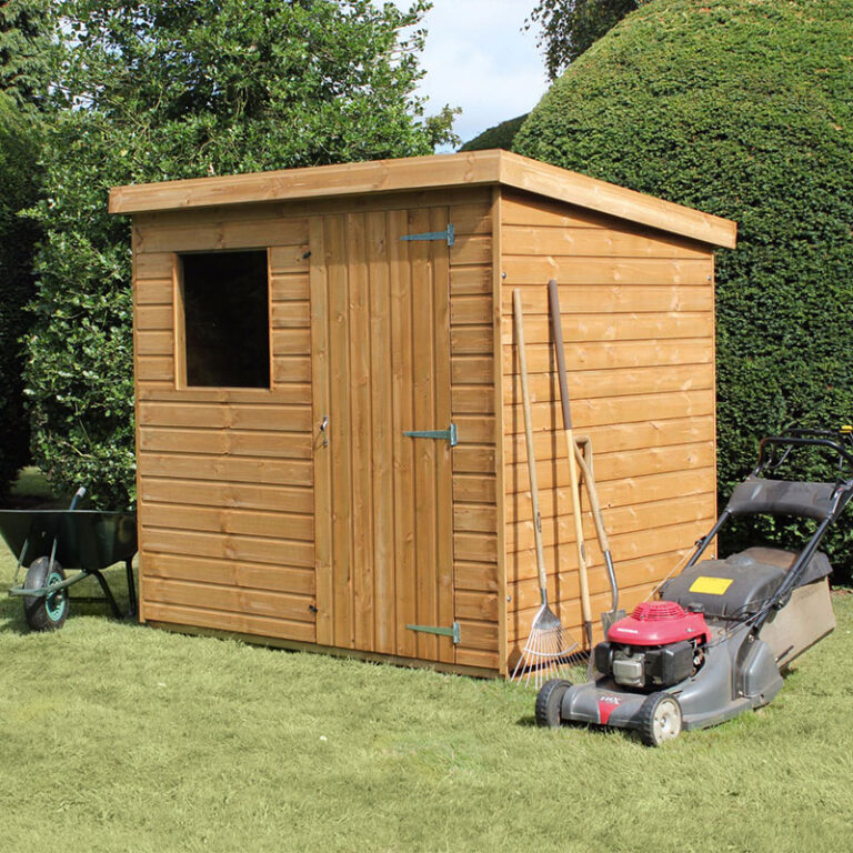 7' x 7' Traditional Standard Shiplap Pent Wooden Garden Shed - A landscaped view showing the pent roof design.