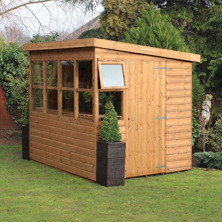 8' x 6' Traditional Shiplap Sun Pent Gable Wooden Garden Shed with windows and a single door