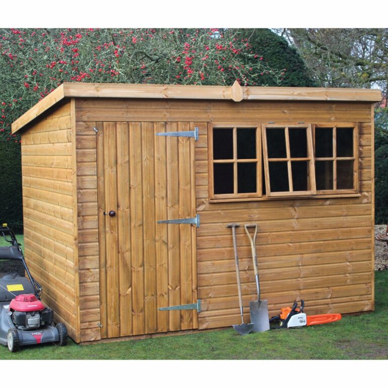 8' x 8' Traditional Heavy Duty Shiplap Pent Wooden Garden Shed with Georgian windows and pent roof design.