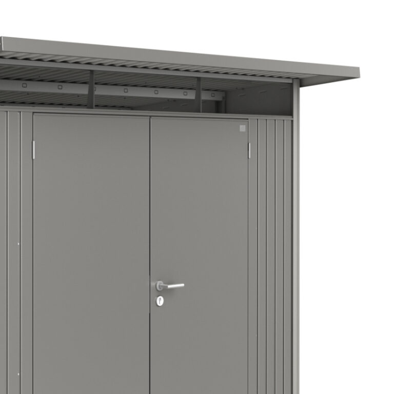 Biohort AvantGarde Size A6 Premium Metal Shed in Quartz Grey with double doors and metal construction.