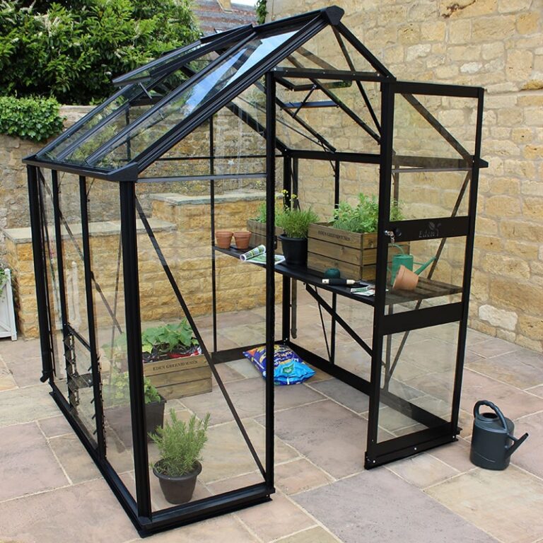 Halls Cotswold Burford Small Greenhouse in Black - built with toughened glass for durability.