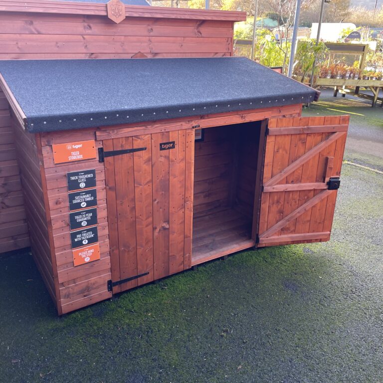 Tiger Storebox garden storage unit displayed at the showroom site.