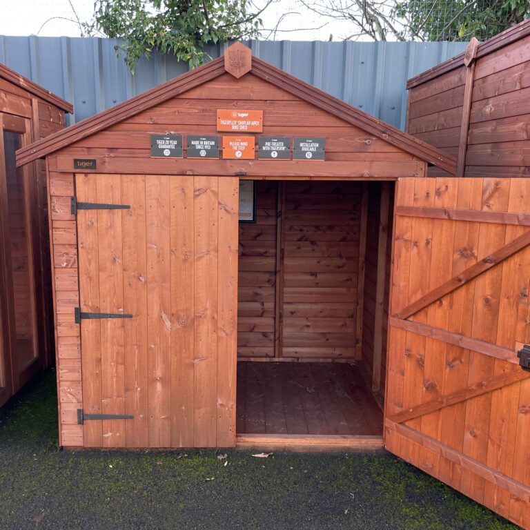 TigerFlex Shiplap Apex Bike Shed displayed at the showroom site.