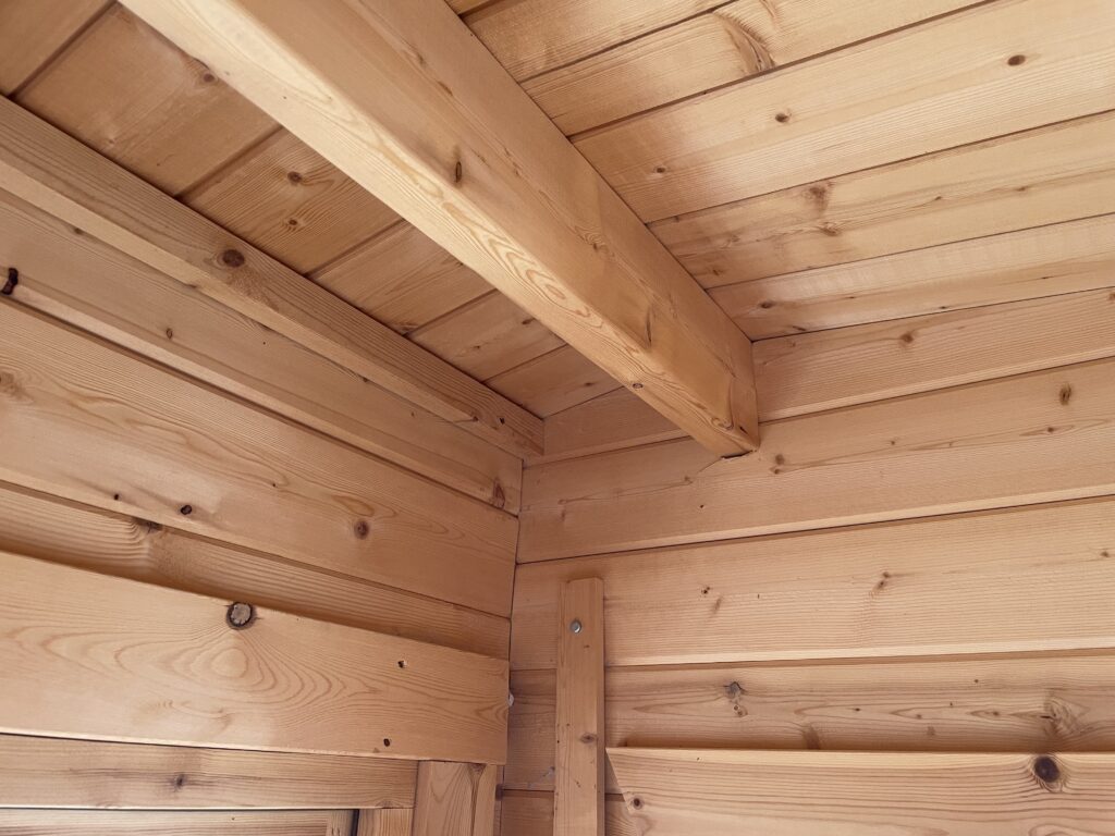 Interior view showcasing the pent roof structure with wooden beams