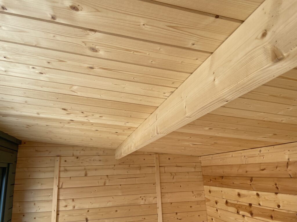 Interior view of a pent roof with exposed wooden beams