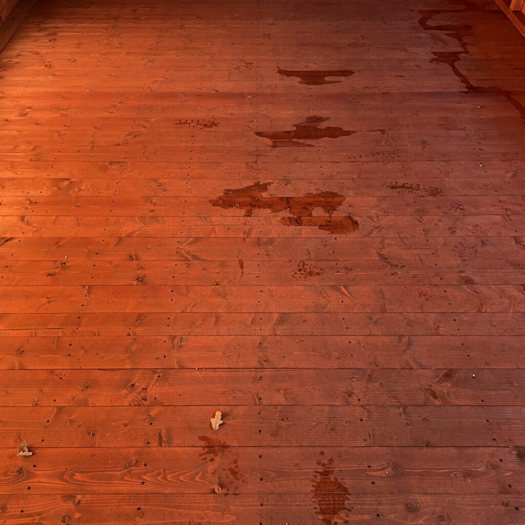 Wooden floor of a garden building showing water stains