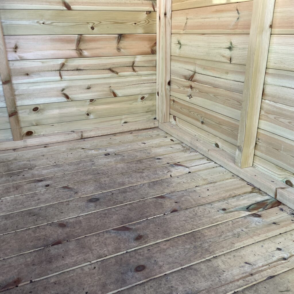 Interior view of the Tiger Elite Pressure Treated Apex Shed, showcasing wooden walls and floor.