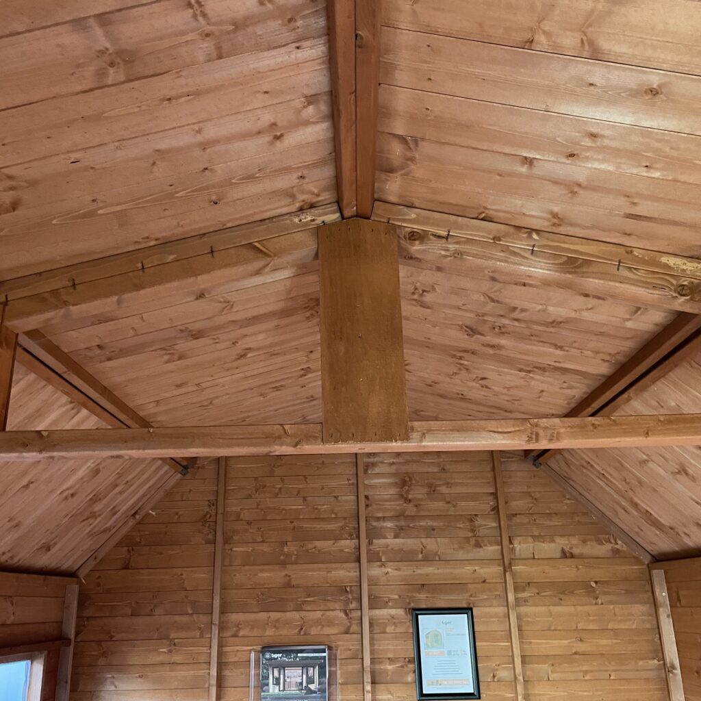 Interior view of the Tiger Loglap Mini-Barn with wooden beams and walls