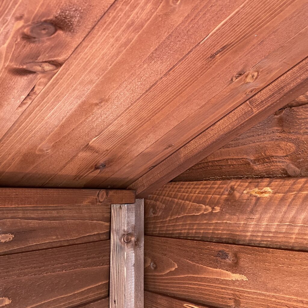 Interior view of a Tiger Overlap Apex Shed showcasing wooden beams and walls