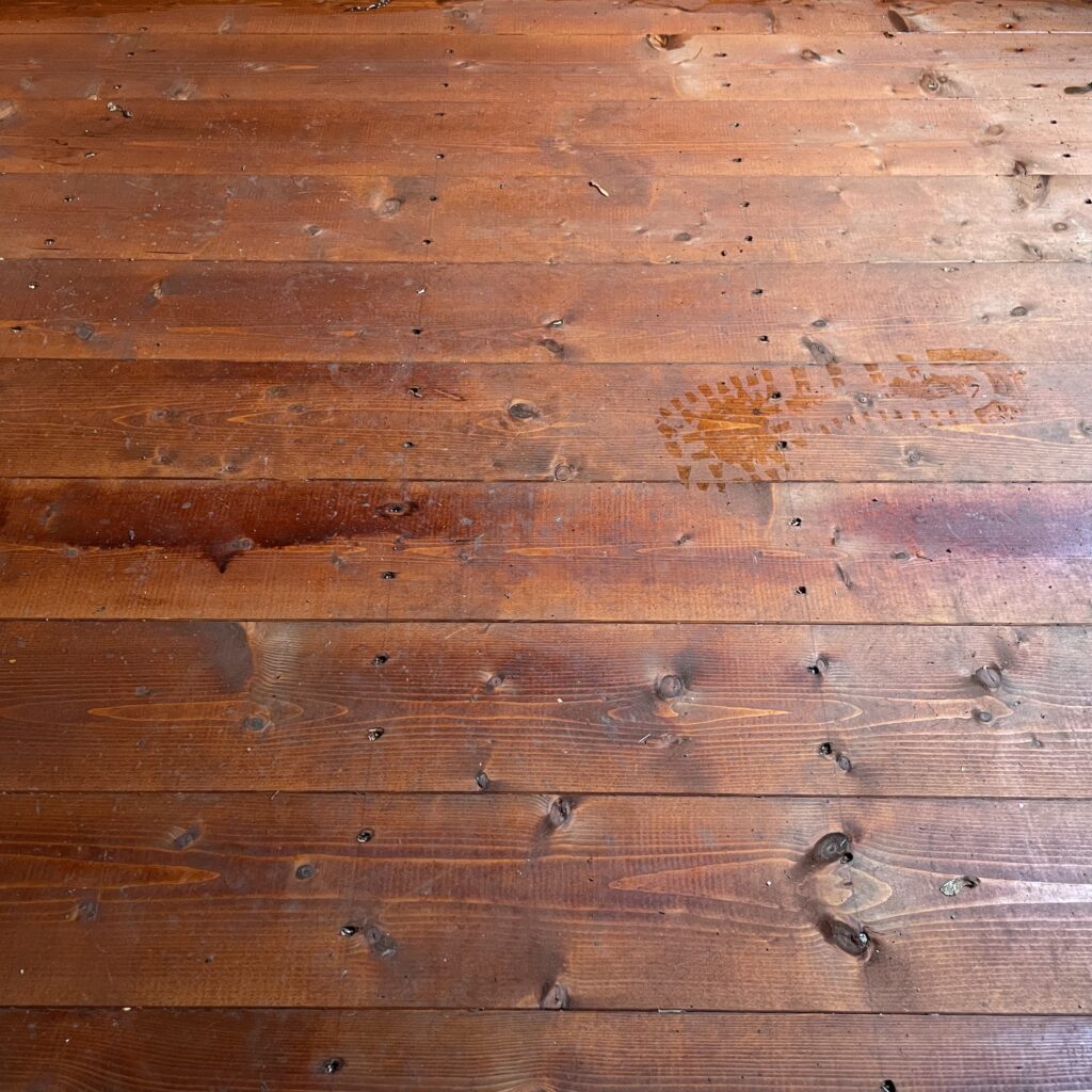 Interior view of the wooden floor in the Tiger Pent Bike Shed