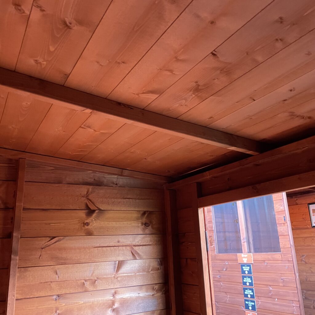 Interior view of a Tiger Pent Bike Shed showcasing wooden walls and ceiling