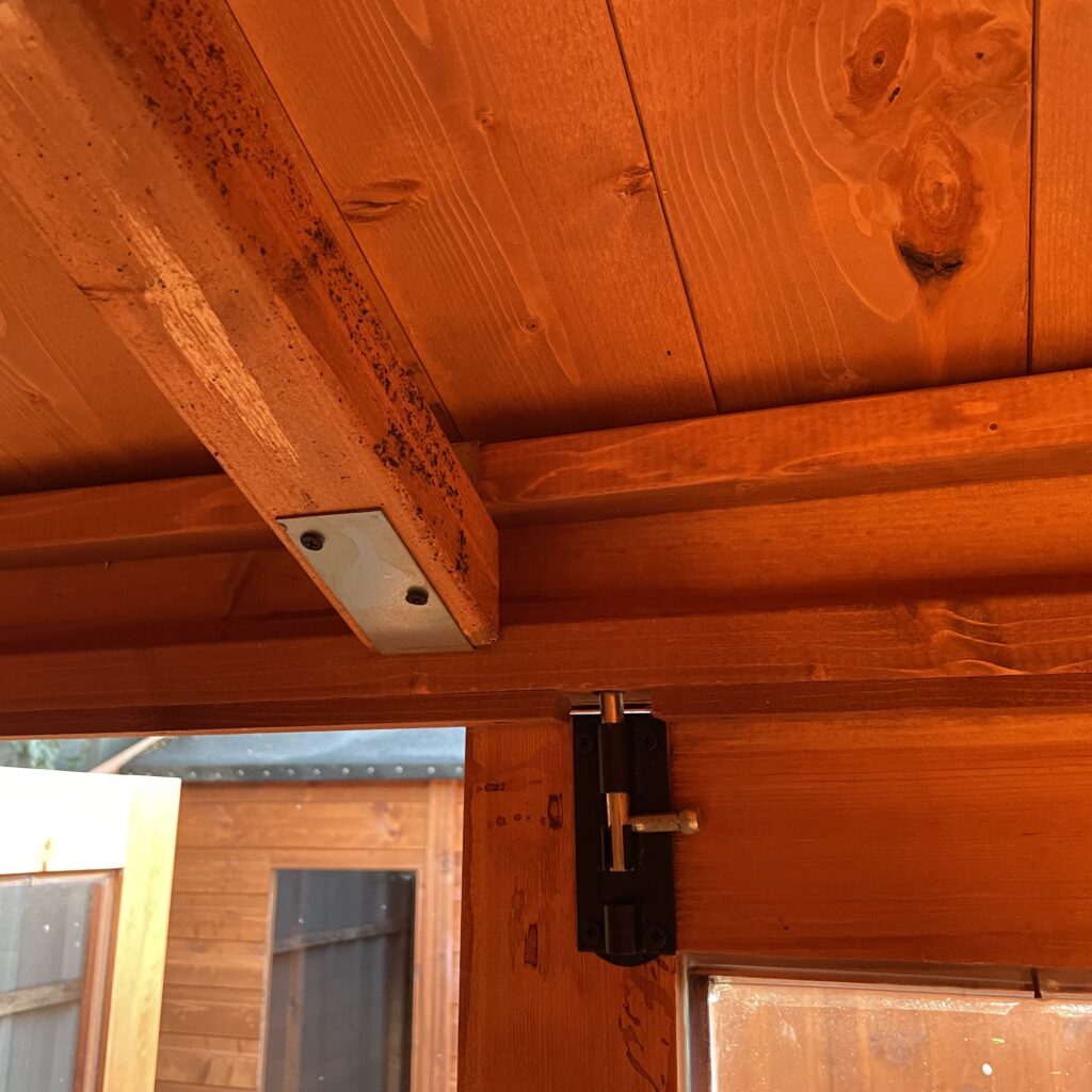 Interior view of the Tiger Retreat Contemporary Summerhouse showcasing wooden beams and door hardware
